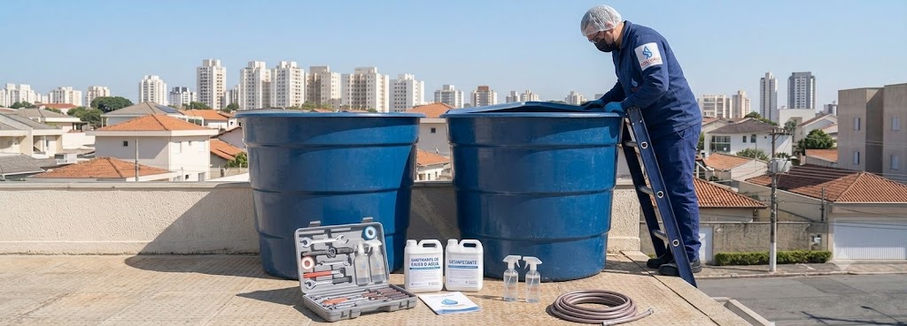 Profissional realizando Imunização e Desinfecção Bacteriológica de Caixas D'água em Gaspar